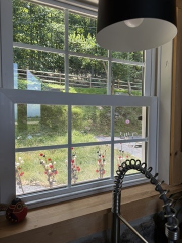 Kitchen sink beneath a window overlooking greenery